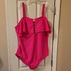 Raisins Curve, Bright Pink, Ruffle,  Convertable Strap, One-Piece Swimsuit, 24W